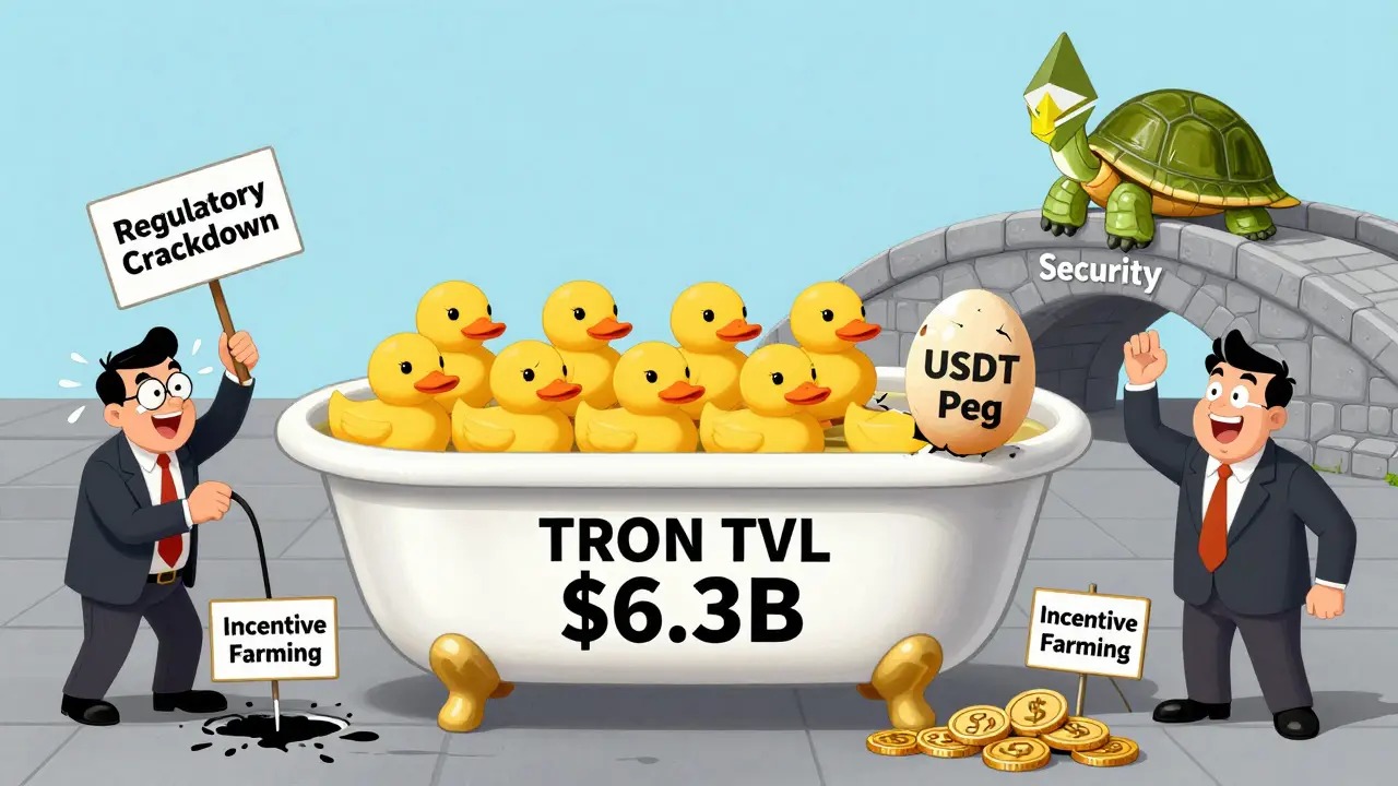 TRON&#039;s TVL bathtub filled with USDT ducks, one egg about to crack, investors panicking nearby.