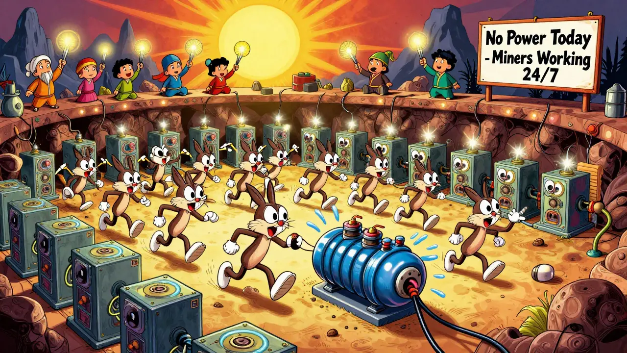 Underground mining machines with googly eyes overload a transformer as families suffer blackouts.