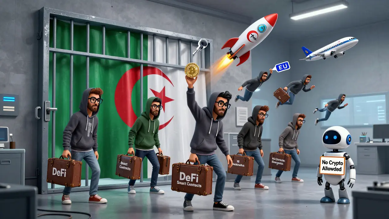 Young tech talents fleeing Algeria in suitcases, launching Bitcoin into a rocket to escape the ban.
