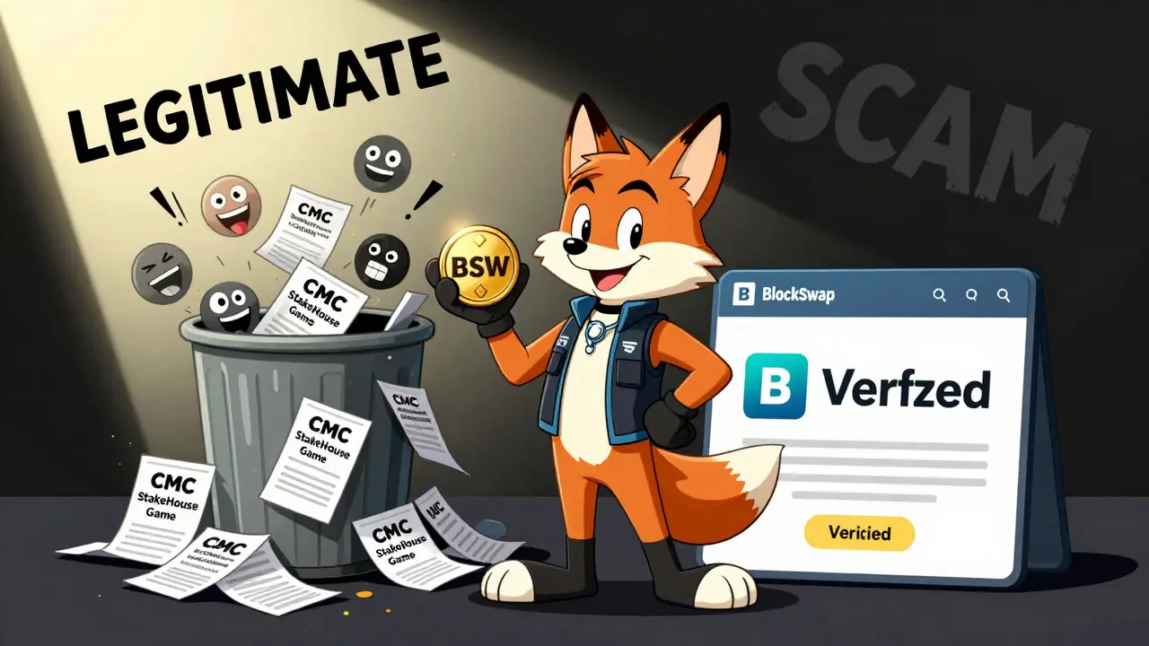 A BlockSwap fox stands beside a real token while fake airdrop flyers collapse into trash, under a 'LEGITIMATE' spotlight.
