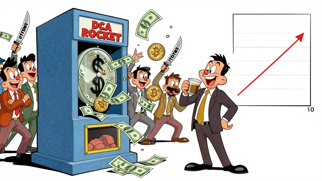 A calm investor uses a DCA machine to turn cash into growing Bitcoin coins while others fail to catch falling knives.