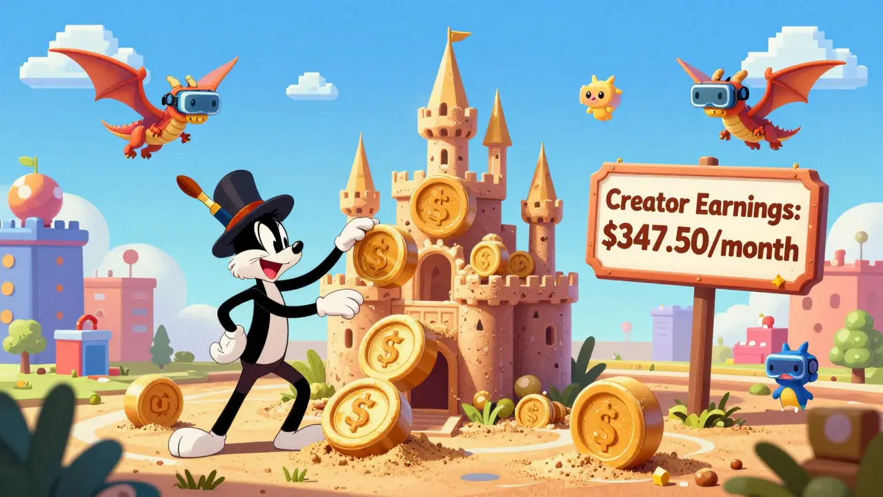 A cartoon creator building a castle from giant tokens in a surreal sandbox world.