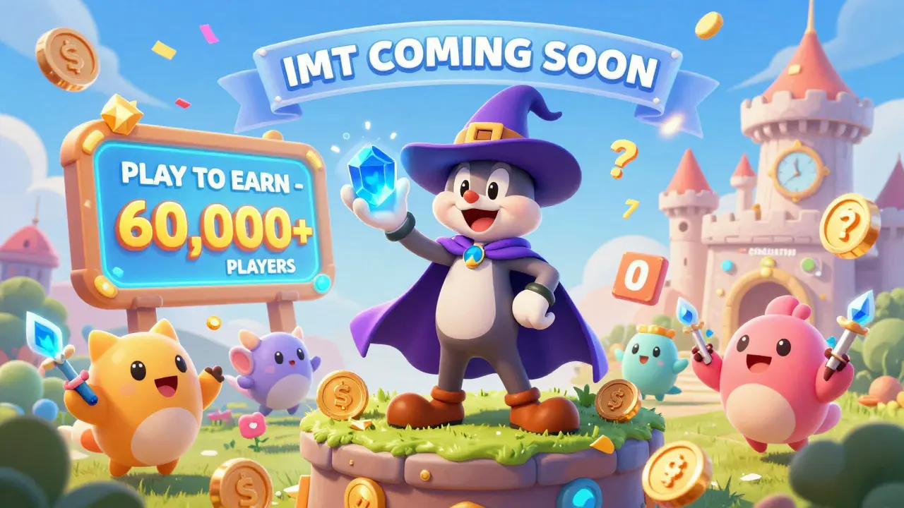 A cartoon hero holding a Magic Stone Token surrounded by cheering digital creatures in a floating NFT castle.