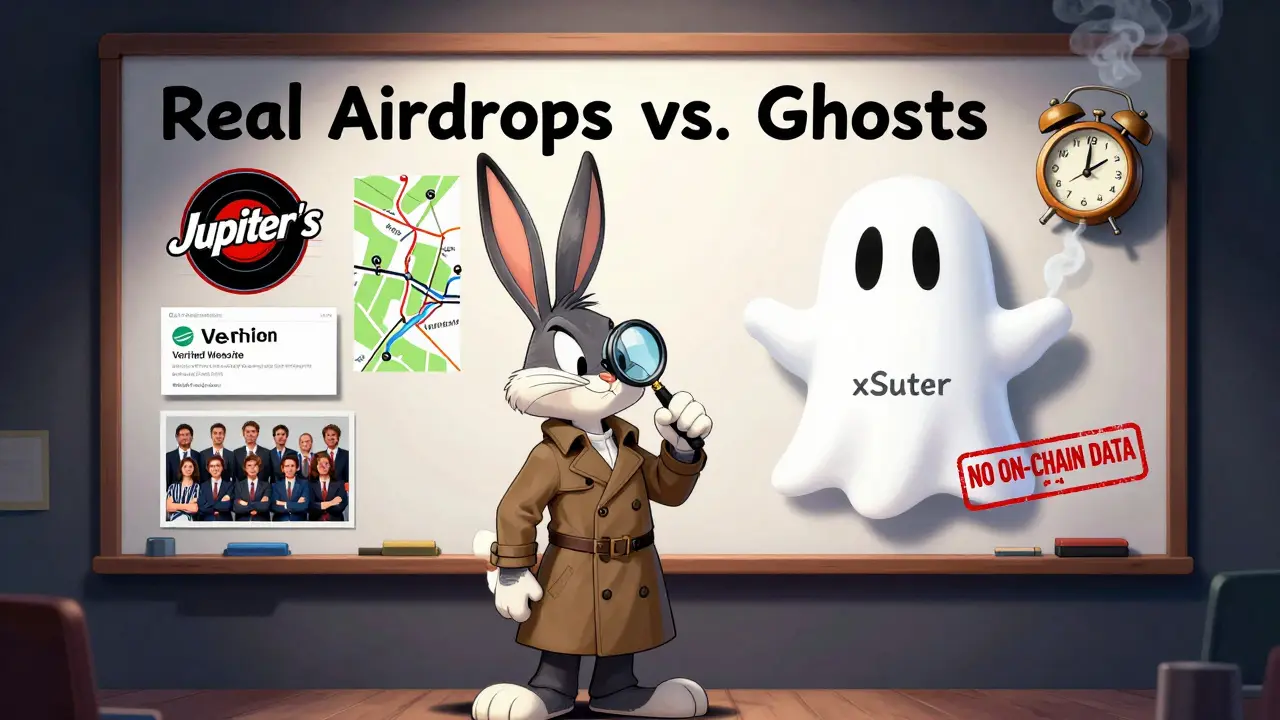 A detective rabbit compares real airdrop features to a ghost-shaped 'xSuter' with no details on a whiteboard.