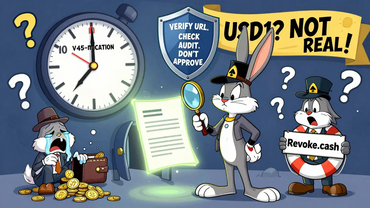 A detective rabbit examines a trapdoor smart contract, with victims and safety tips in the background.