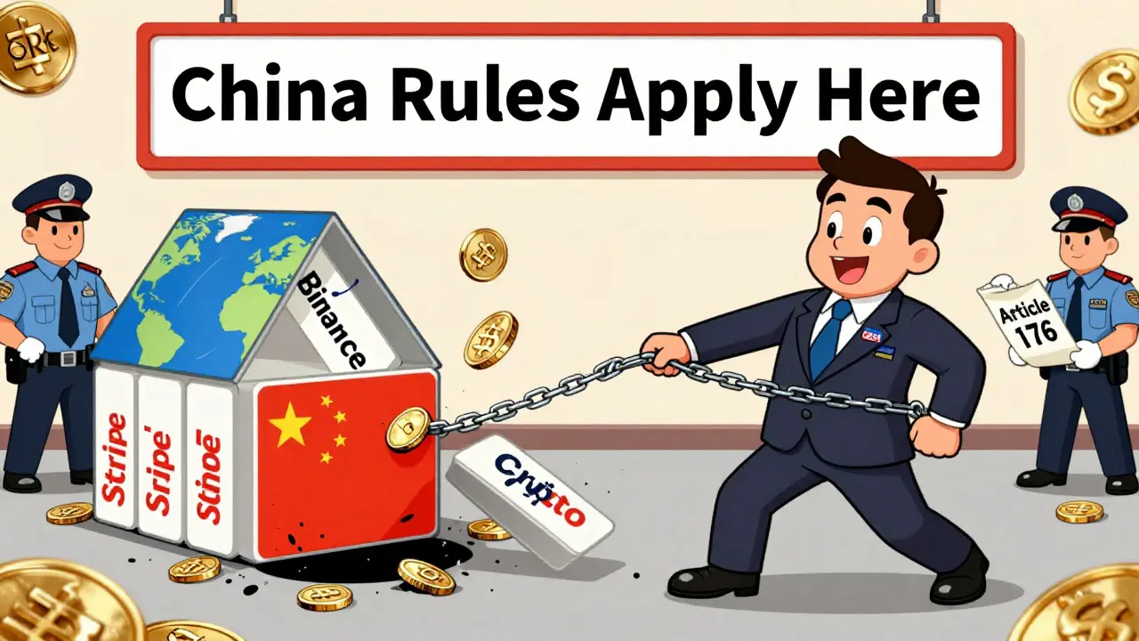 A foreign business owner dragged away by digital yuan chains as his payment system collapses.