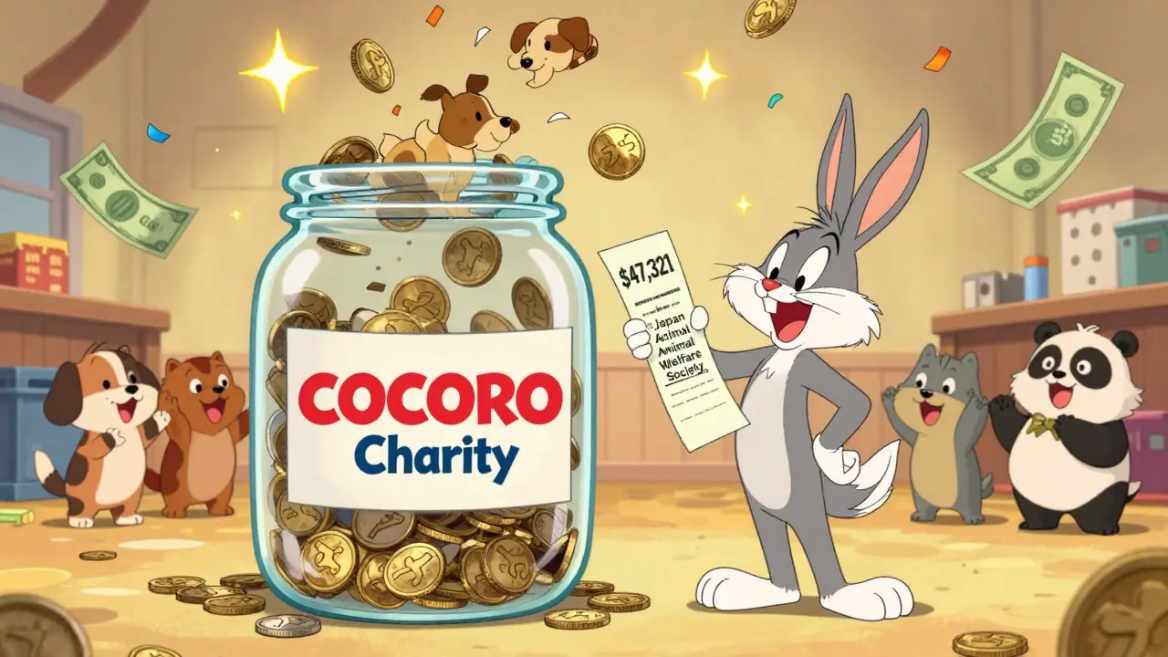 A giant donation jar turning coins into puppies, with Atsuko holding a charity receipt and animals cheering in the background.