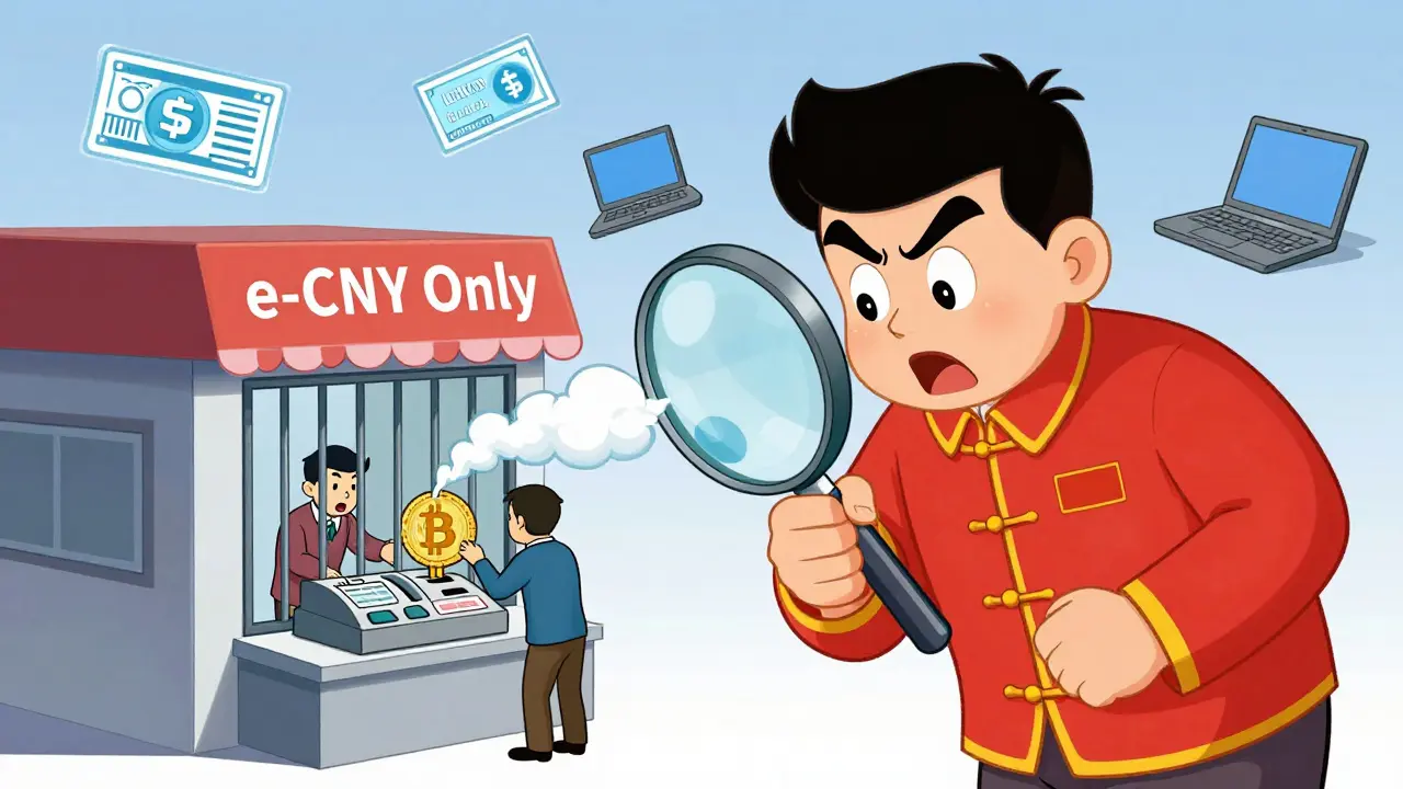 A government official zooms in on a store trying to accept Bitcoin, which turns into a jail cell.