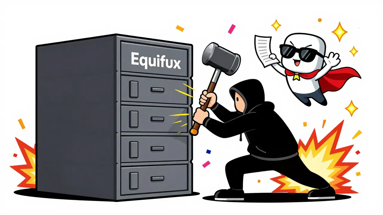 A hacker fails to break into a database as a heroic DID icon floats safely with glowing credentials.