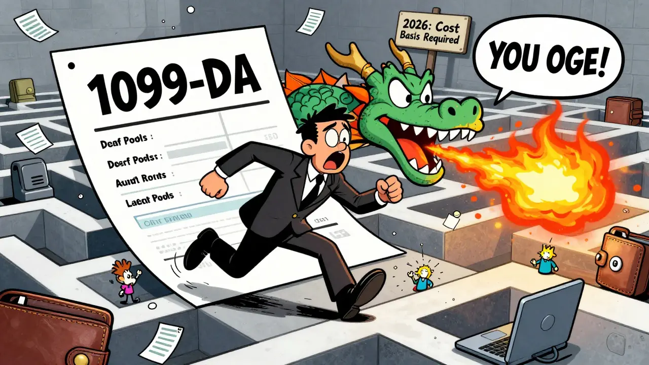 A man being chased by a dragon-shaped tax invoice through a maze of wallets and crypto tools.
