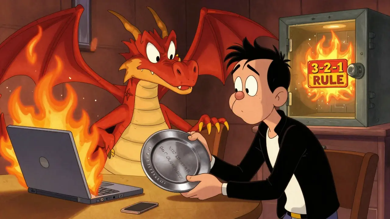 A man hands a metal recovery phrase plate to a family member while a phishing dragon burns a laptop nearby.