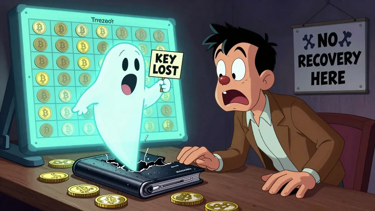 A man watches a ghostly Bitcoin rise from a broken wallet, surrounded by frozen coins on a blockchain ledger.