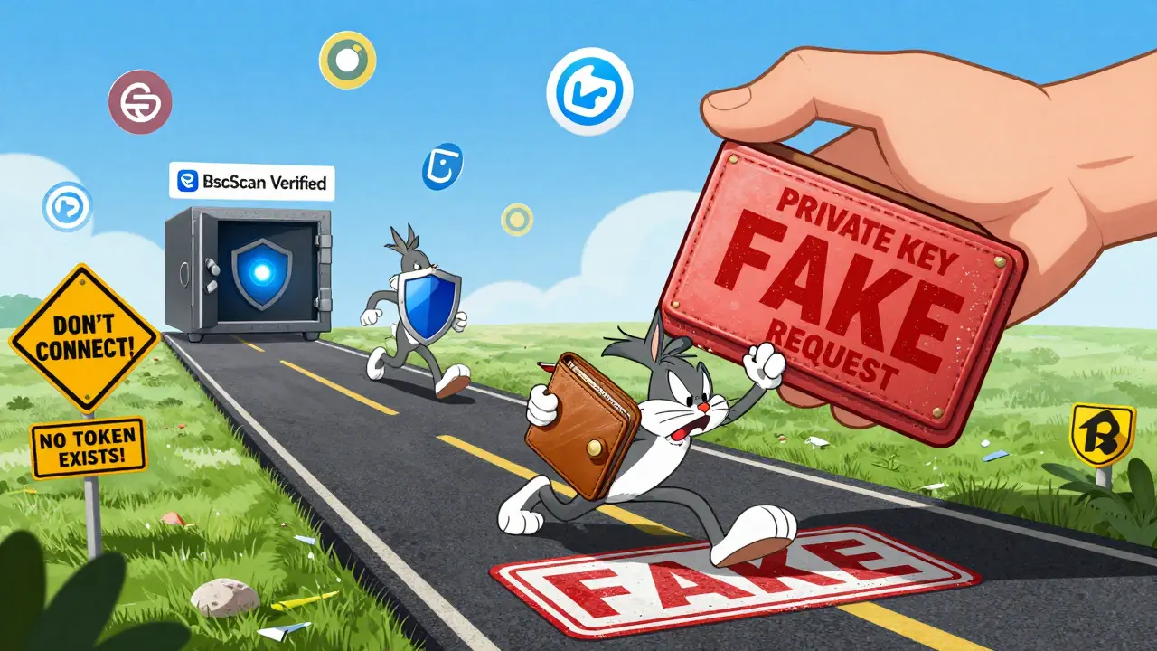 A scared wallet flees from a 'PRIVATE KEY' hand on a blockchain road, heading toward a 'BscScan Verified' portal.