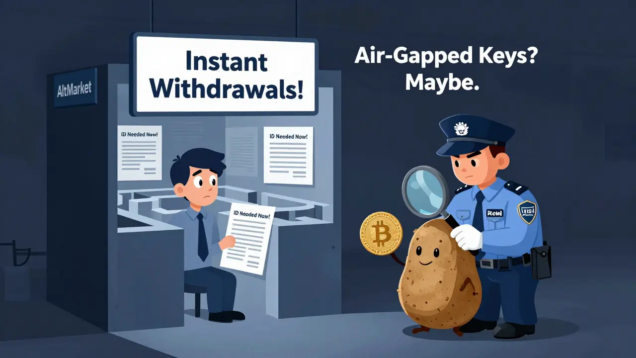 A shady exchange building with a 'No KYC' sign, but inside a user is trapped in a maze of ID paperwork.