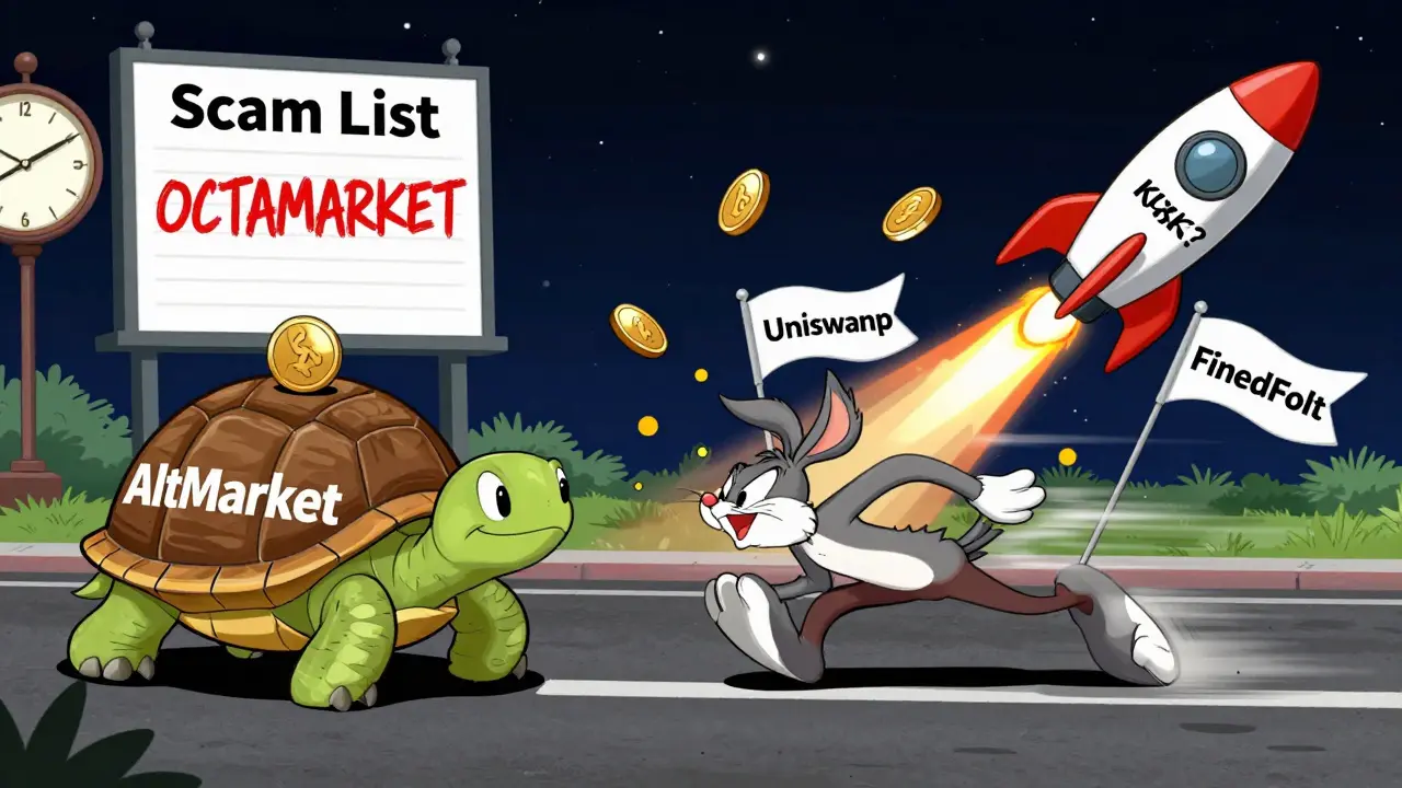 A slow turtle with AltMarket shell vs a speedy roadrunner with Uniswap flags, next to a 'Scam List' billboard.