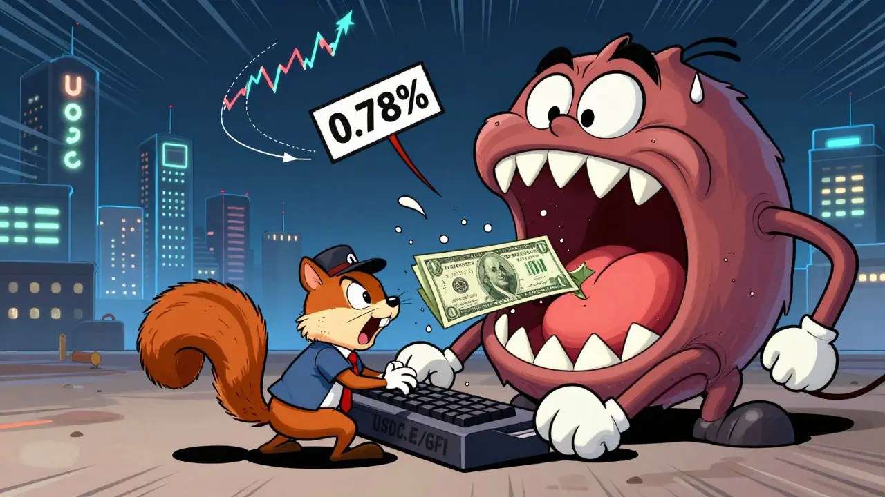 A squirrel trader losing half his trade to a giant slippage monster, while distant major exchanges glow brightly.