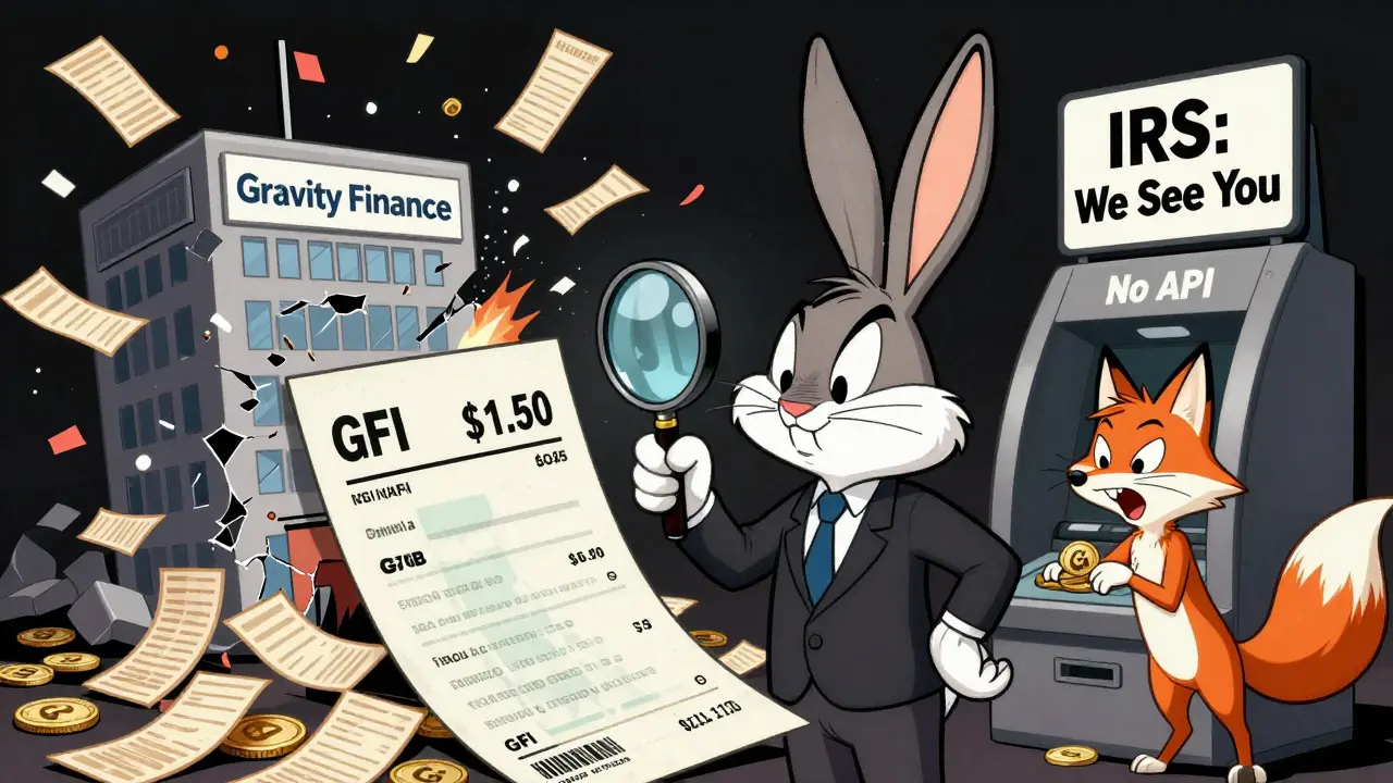 A tax auditor examines a tiny crypto trade as chaotic receipts explode, a broken ATM labeled 'No API' nearby.