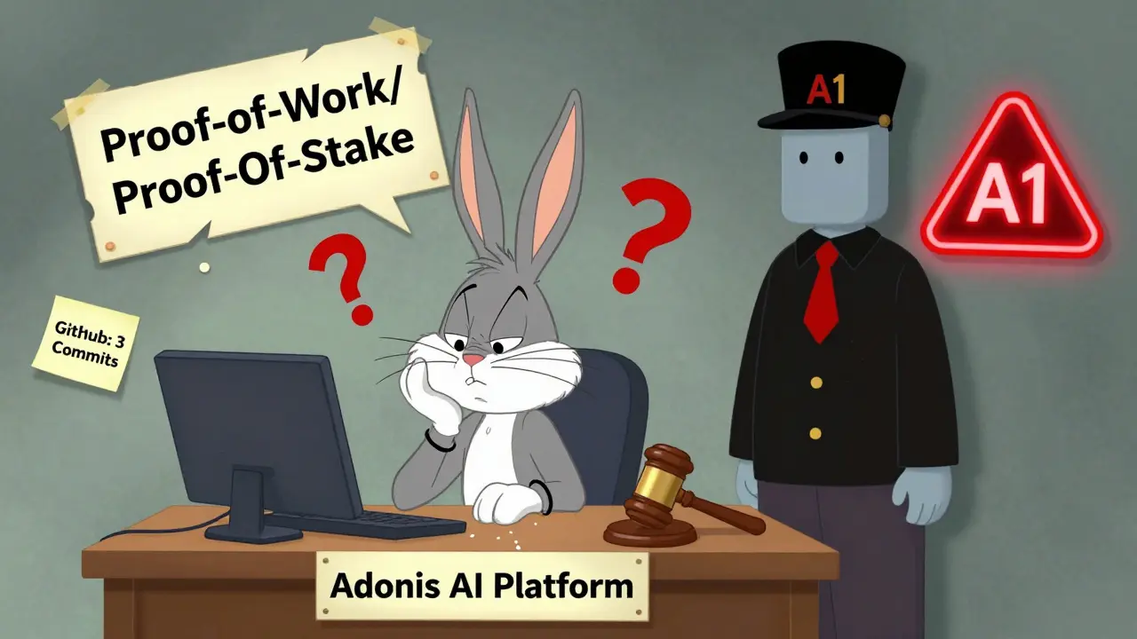 A tired rabbit faces a broken AI system with question marks, surrounded by signs of dead code and confusion.