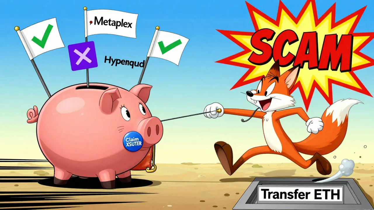 A wallet-piggy bank escapes a fox holding a fake claim button, while real projects cheer in the background.