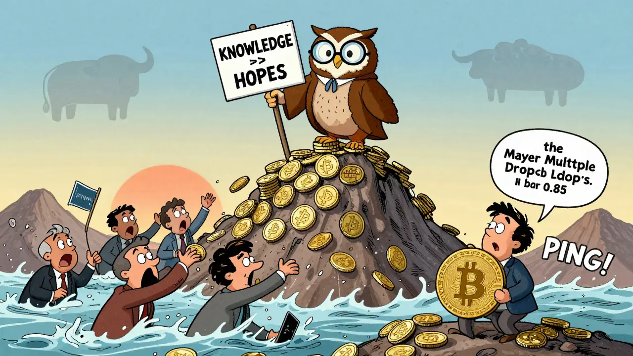 A wise owl teaches investors about stablecoins and knowledge as chaos unfolds below, in a whimsical Looney Tunes illustration.