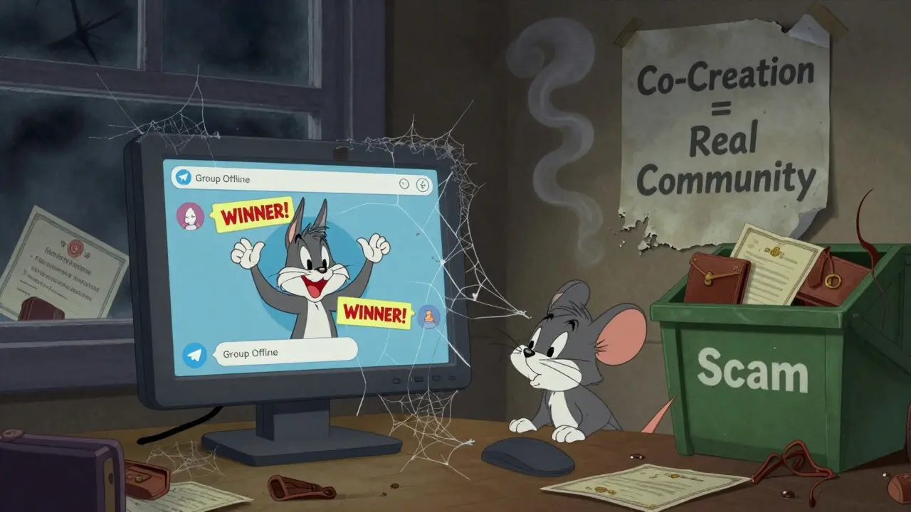 An abandoned Telegram group with fading cheers, cobwebs, and a dumpster labeled 'Scam' in the background.