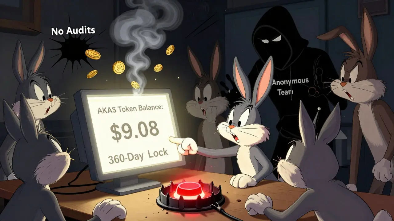 Animals stare at a token balance as a shadowy figure watches, with a 360-day lock trap glowing red.