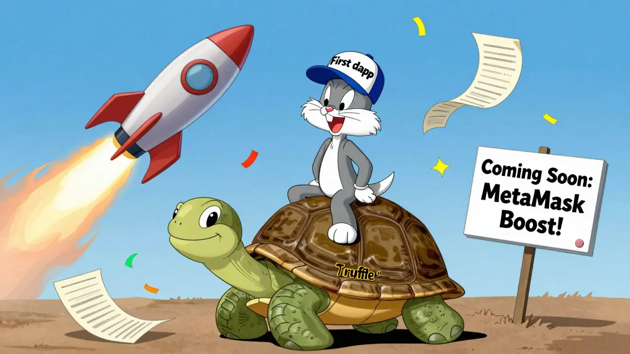 Beginner on a slow truffle turtle while Hardhat rocket blasts off nearby.