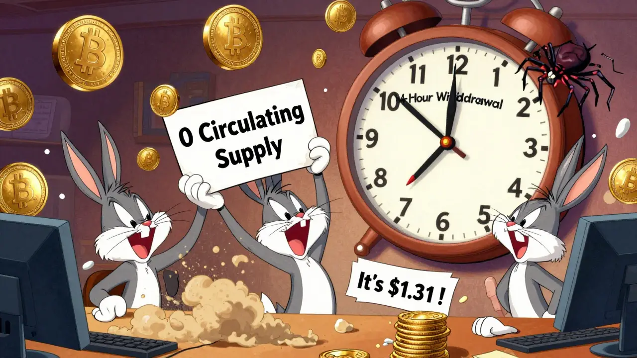 Chaotic crypto trading floor with conflicting price tags and a broken withdrawal clock in Looney Tunes style.