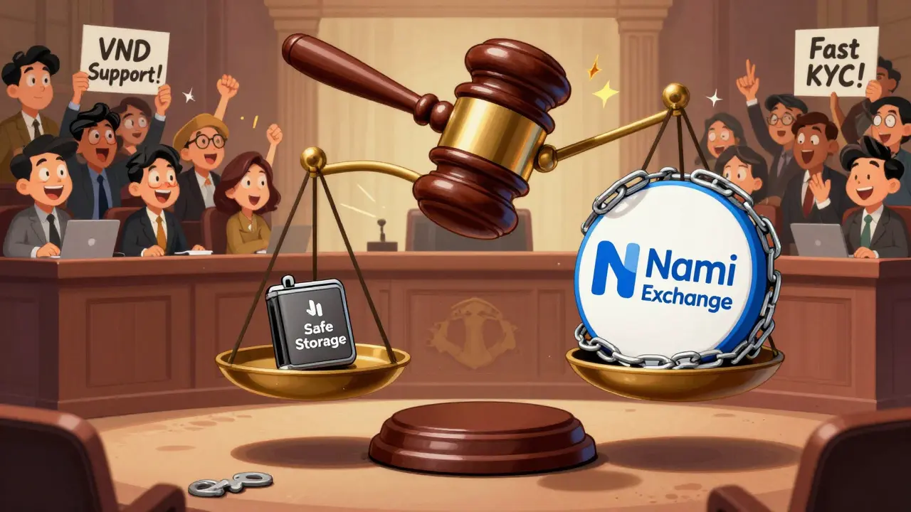 Courtroom scale weighing Nami Exchange against hardware wallet, Vietnamese users cheering in Looney Tunes cartoon style.
