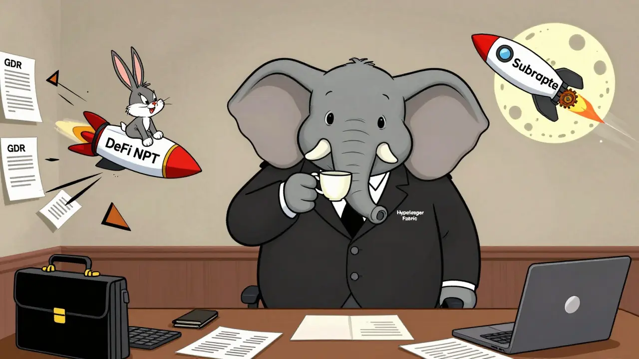 Enterprise elephant in boardroom with tiny rabbit crashing DeFi rocket.