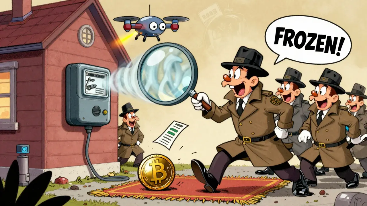 Government inspectors using a giant magnifying glass to detect hidden crypto mining, Looney Tunes style.