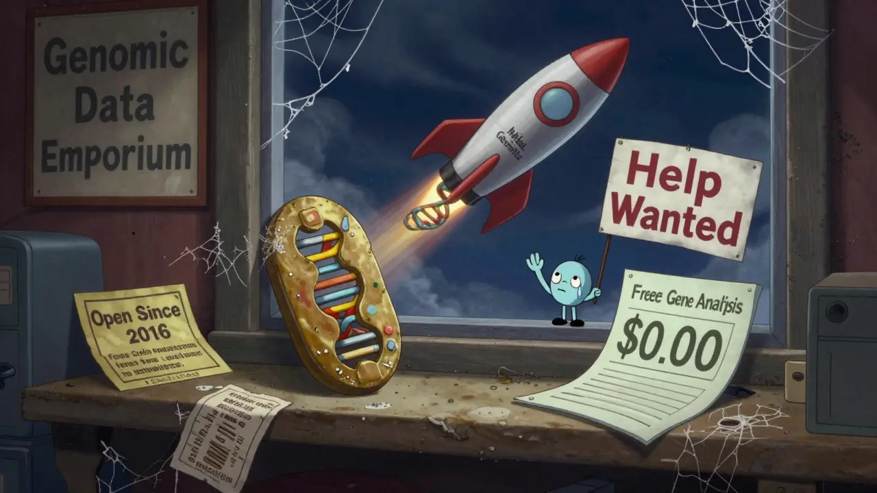 Lonely DNA token on a dusty shelf in a closed biotech shop, with a rocket flying away and a sad sign.