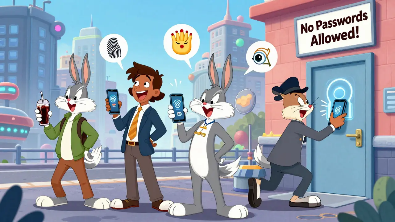 People use blockchain IDs to verify age, degrees, and medical status in a whimsical futuristic city.