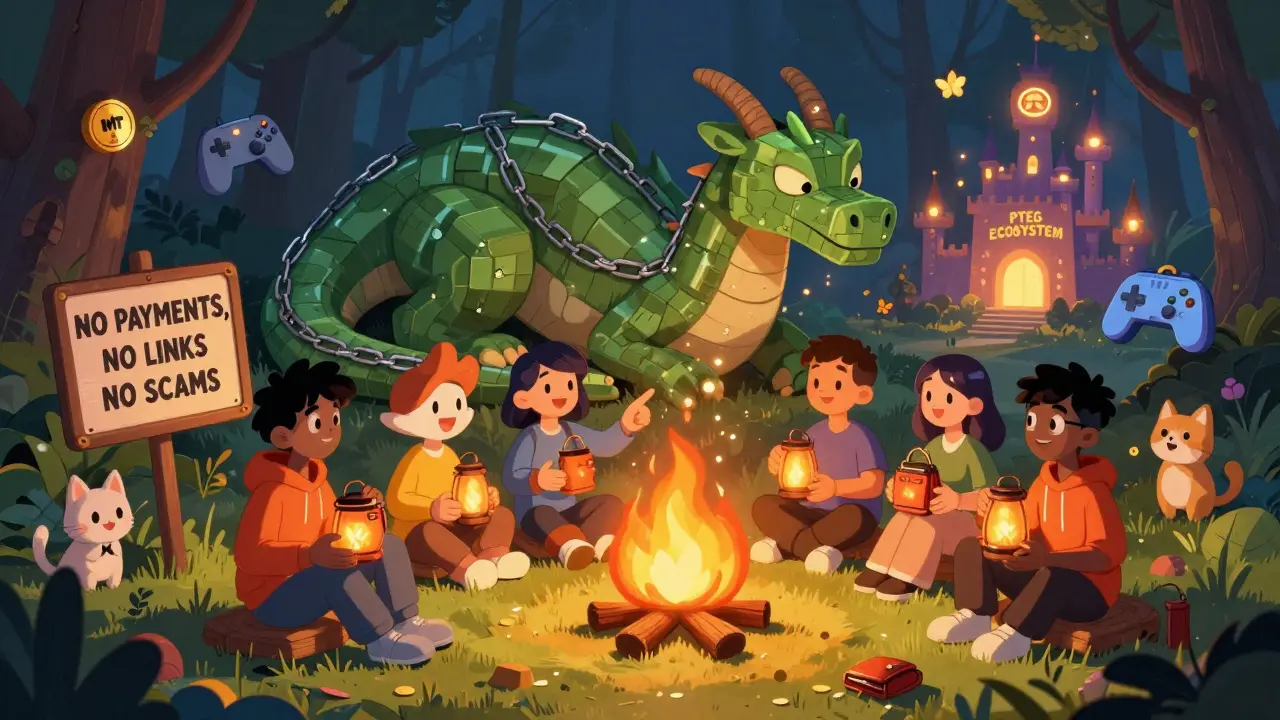 Players around a campfire with a blockchain dragon breathing IMT tokens into butterflies.