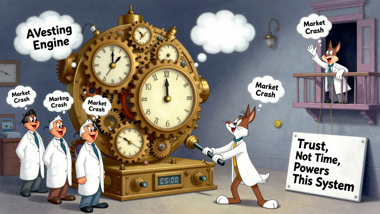 Quirky inventors build an AI vesting machine that pauses during market crashes.