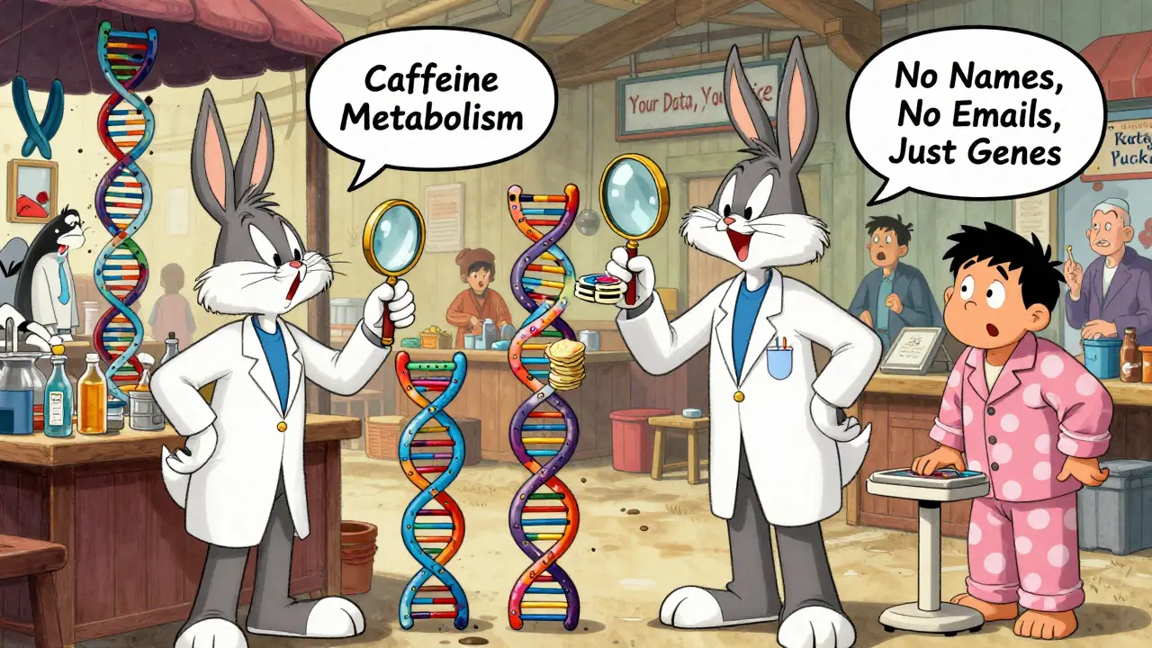 Researchers haggling over floating DNA strands in a quirky marketplace with a nervous uploader watching.