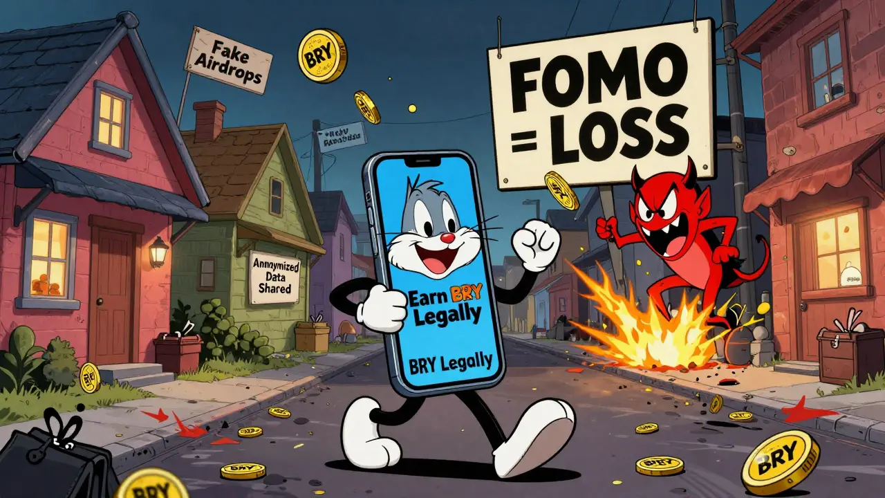 Smartphone walking proudly while distributing BRY tokens, avoiding chaotic scam alley.