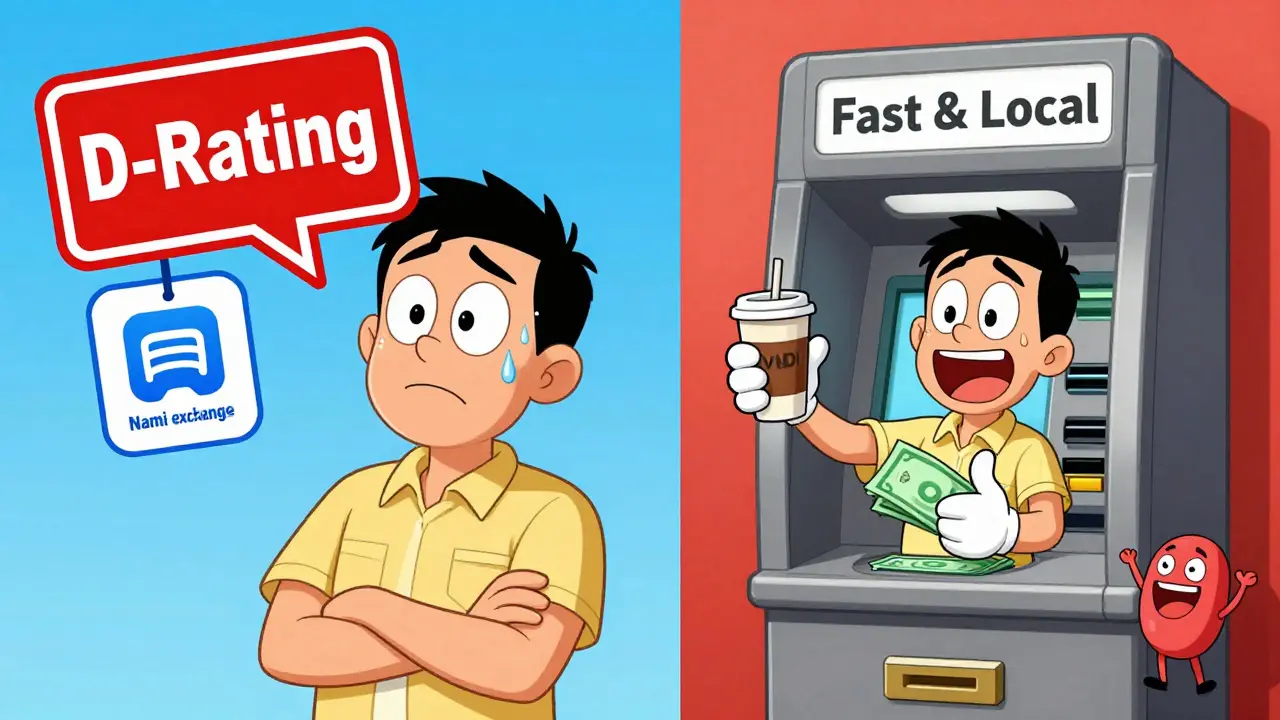 Split cartoon scene: nervous trader facing security warning on left, happy with VND withdrawal on right in Looney Tunes style.