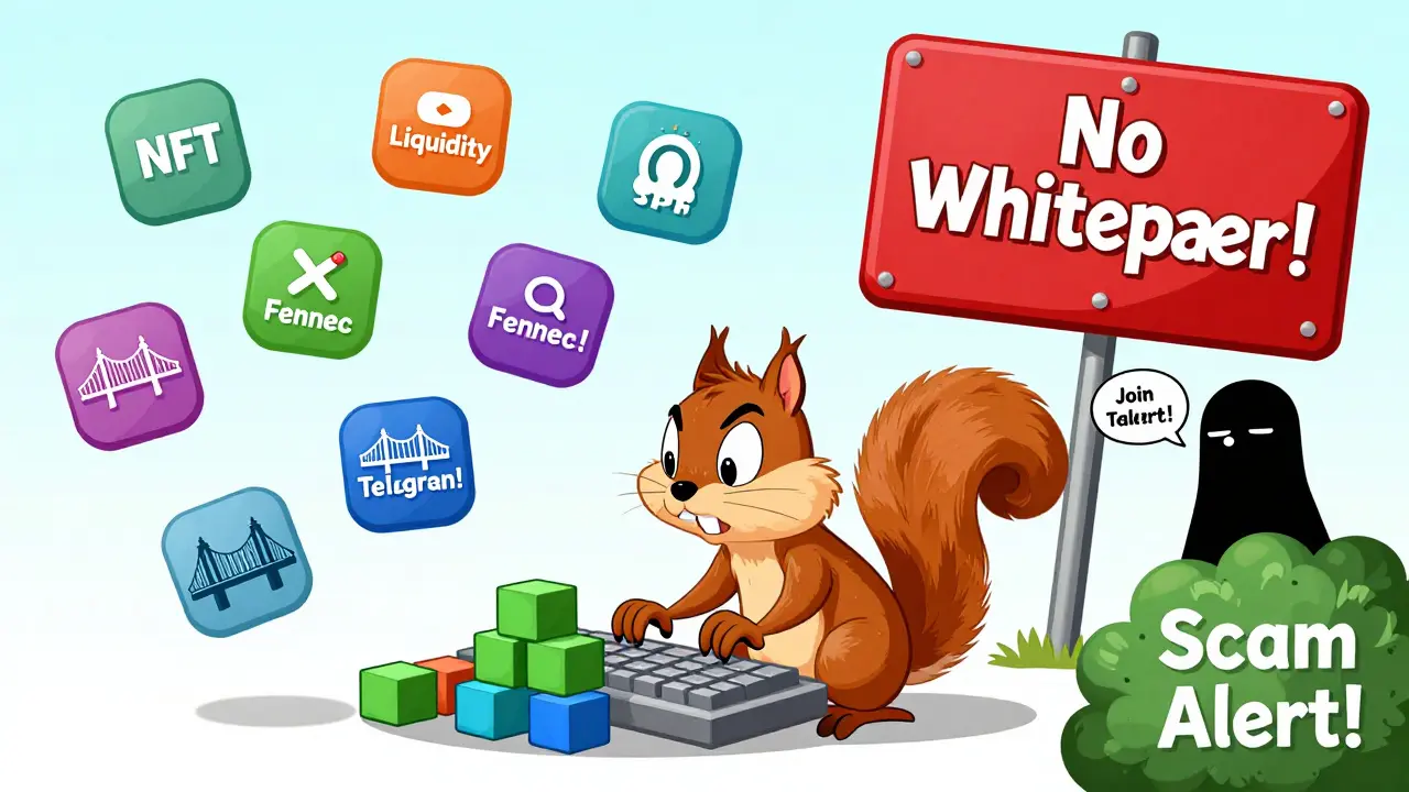 Squirrel typing on blockchain keyboard with six wobbling bridges and a 'No Whitepaper!' warning sign