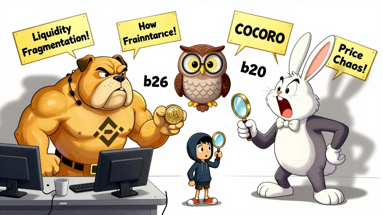Three exchange monsters arguing over a tiny COCORO coin while a confused investor stands in the middle surrounded by price warnings.