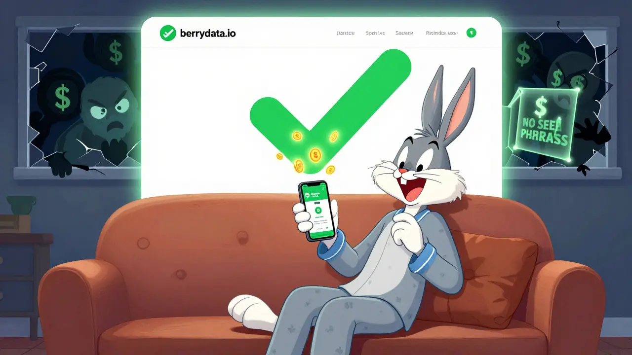 User earning BRY tokens safely via official app with scammer figures blocked by a force field.