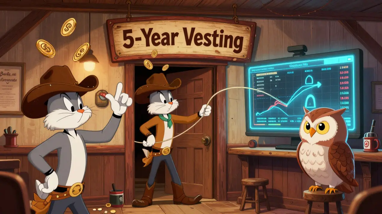 Western-style DEX saloon with tokens as hats flying off, guided by an owl oracle.