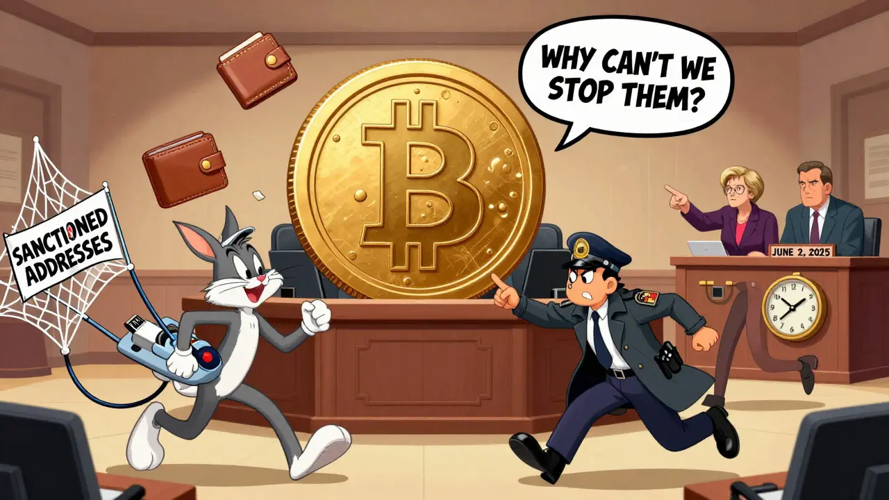 A Bitcoin on trial as North Korean hackers evade arrest with jetpacks and blockchain arrows.