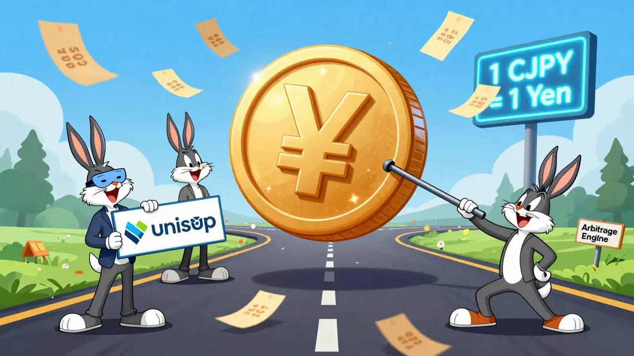 A chaotic DeFi marketplace with a bouncing CJPY coin being traded by cartoon characters on a blockchain highway.