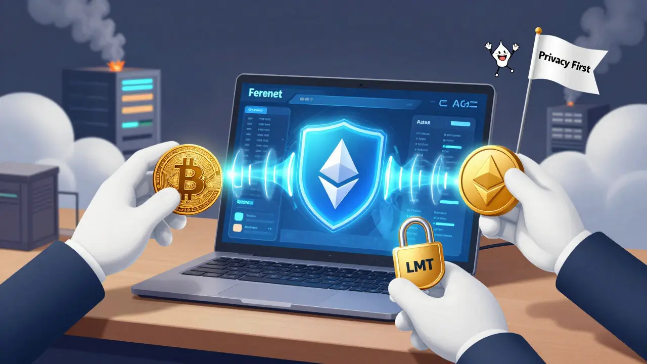 A device merging Bitcoin, Ethereum, and Solana wallets under glowing encryption shields labeled 'Privacy First'.