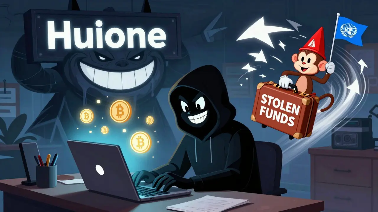 A disguised hacker at home sending stolen crypto through a Cambodian laundering hub.
