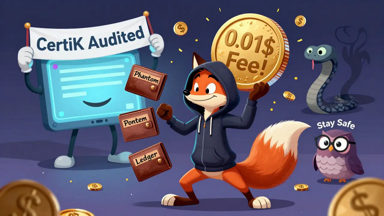 A fox juggles wallets as a giant coin celebrates <h2>Fees and Rewards</h2>.01 fees, with a CertiK banner and phishing snake in the background.