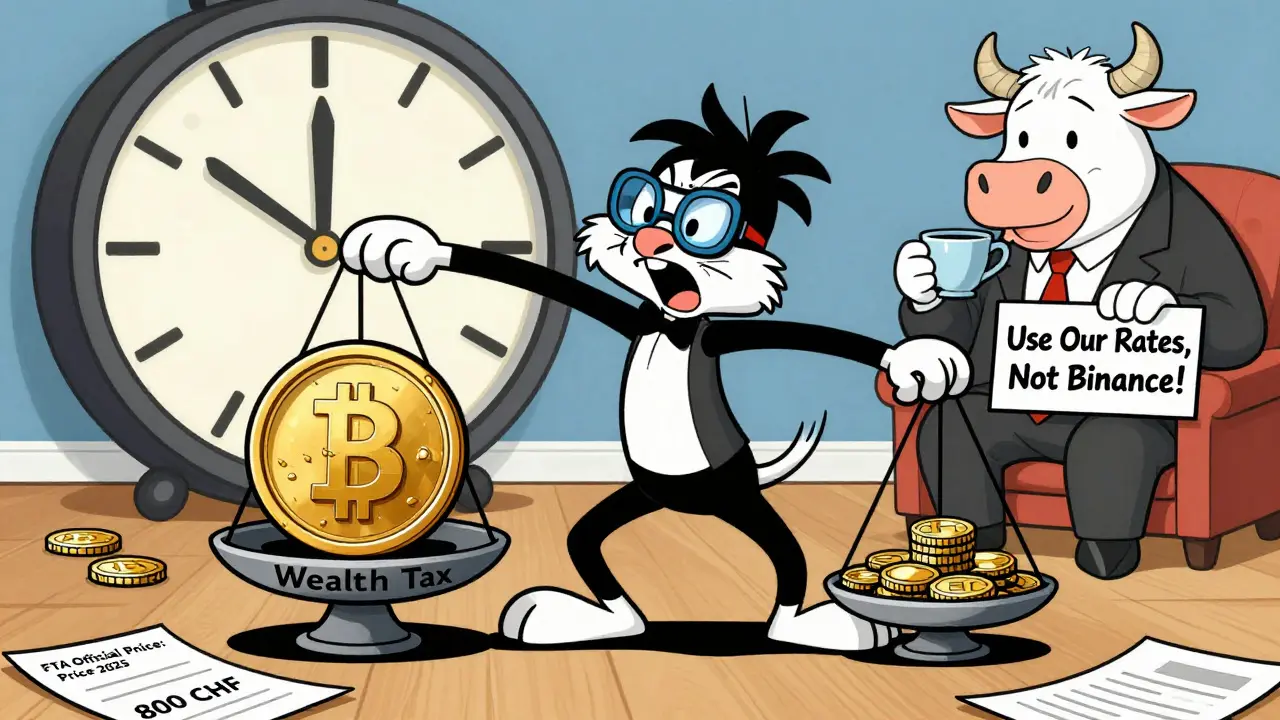 A frantic investor balancing wealth tax with a Solana coin, surrounded by FTA price papers and a ticking clock.