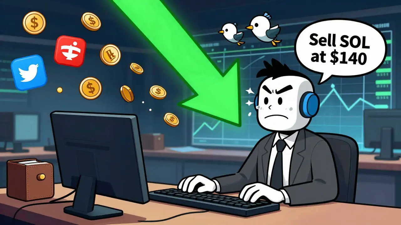 A frantic trader vs. a calm AI assistant triggering automatic crypto trades with cartoon market arrows.