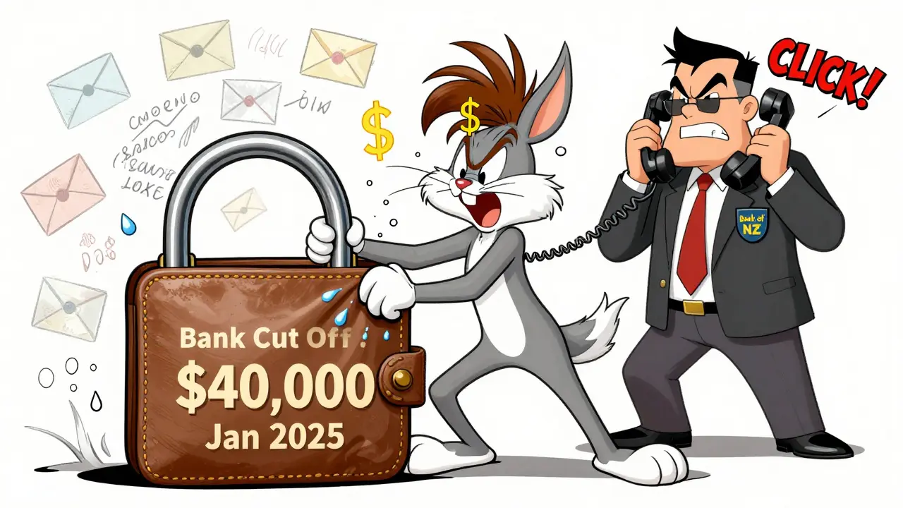 A frantic user pulling on a frozen crypto wallet as a bank teller hangs up the phone in a Looney Tunes scene.